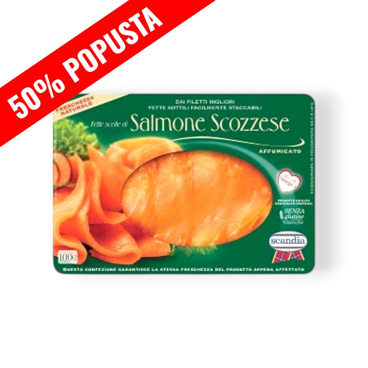 Packaged salmon slices with branding on a white background