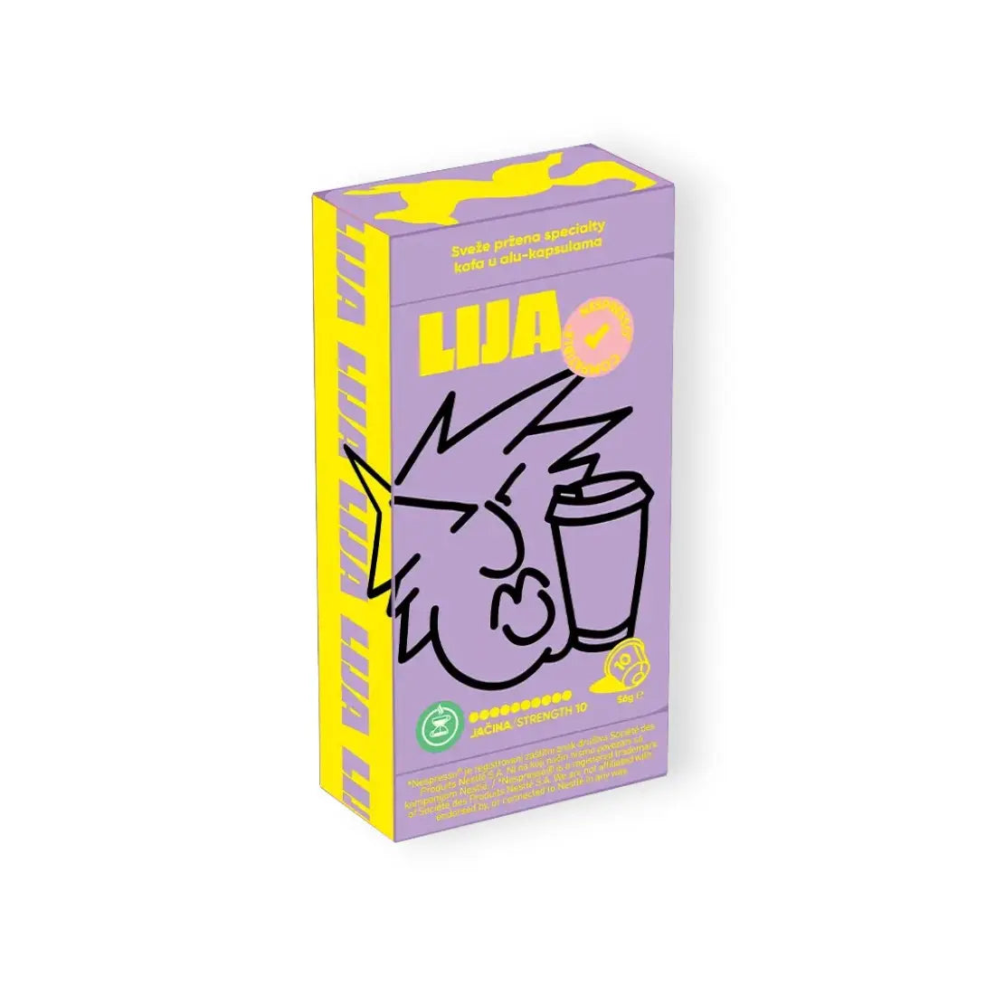 Delikatesi i tako to... Lija Specialty Coffee aluminum capsules, strength 10, in purple and yellow packaging with cartoon illustration.