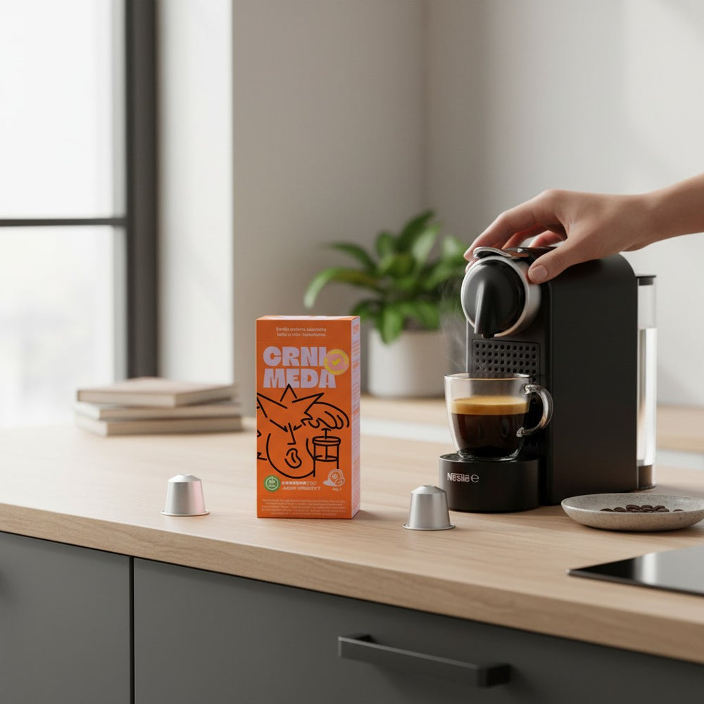 Delikatesi i tako to... Crni Meda 10-capsule box, medium roast, 100% Arabica coffee, strength 7. Orange packaging with playful black line art.