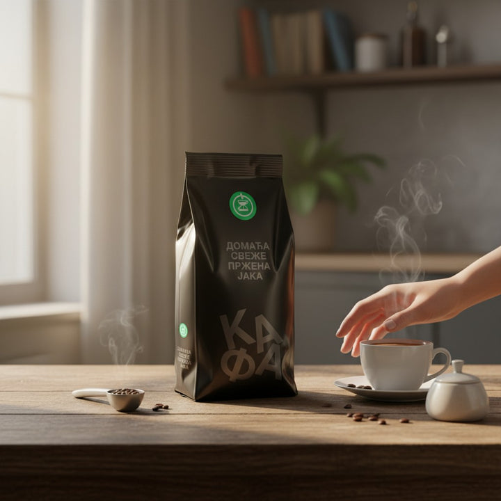 Delikatesi i tako to... Kafa domaća jaka ground coffee in a black bag, 200g, freshly roasted.