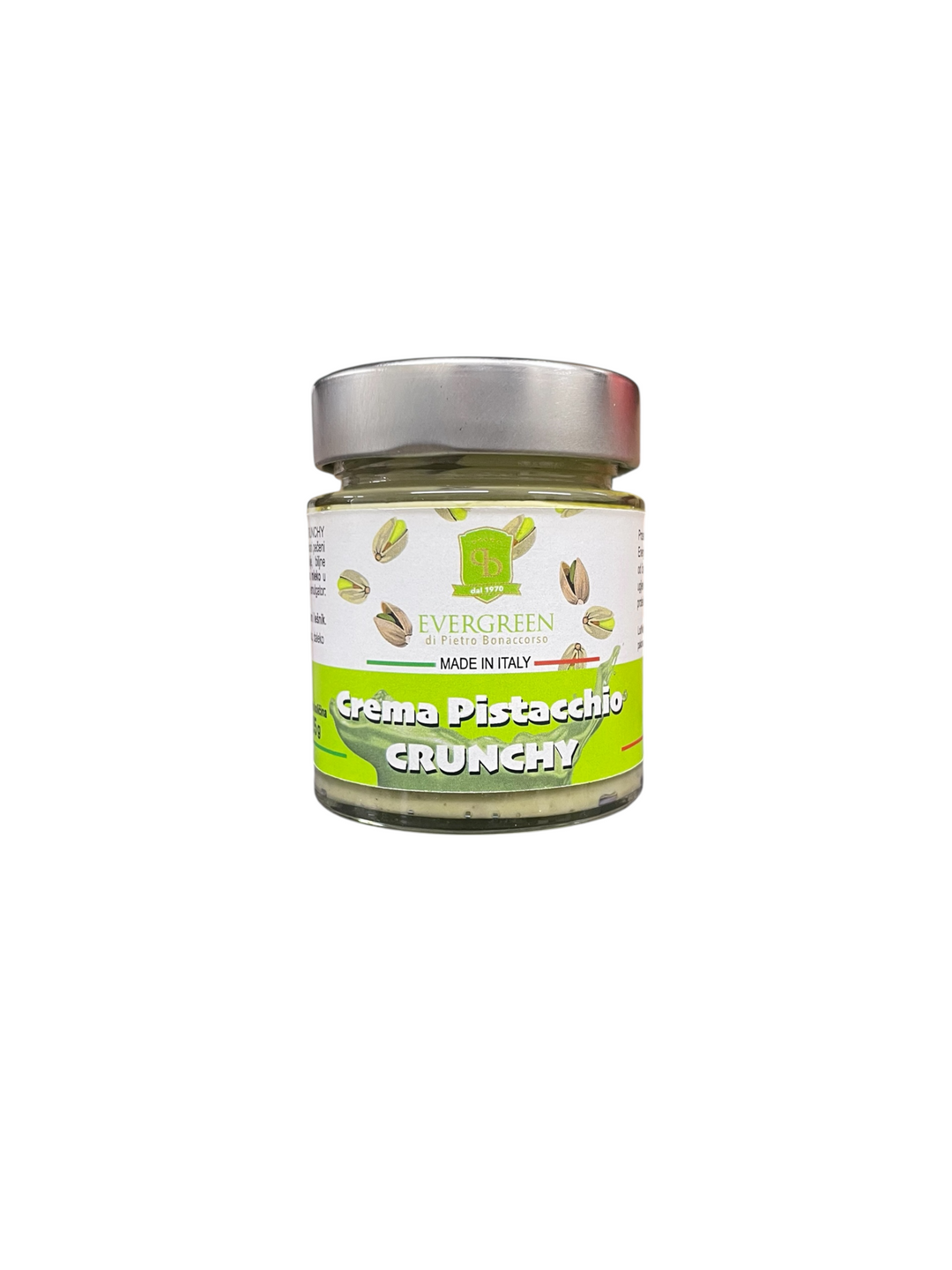 Jar of Crema Pistacchio Crunchy with Evergreen branding on a white background