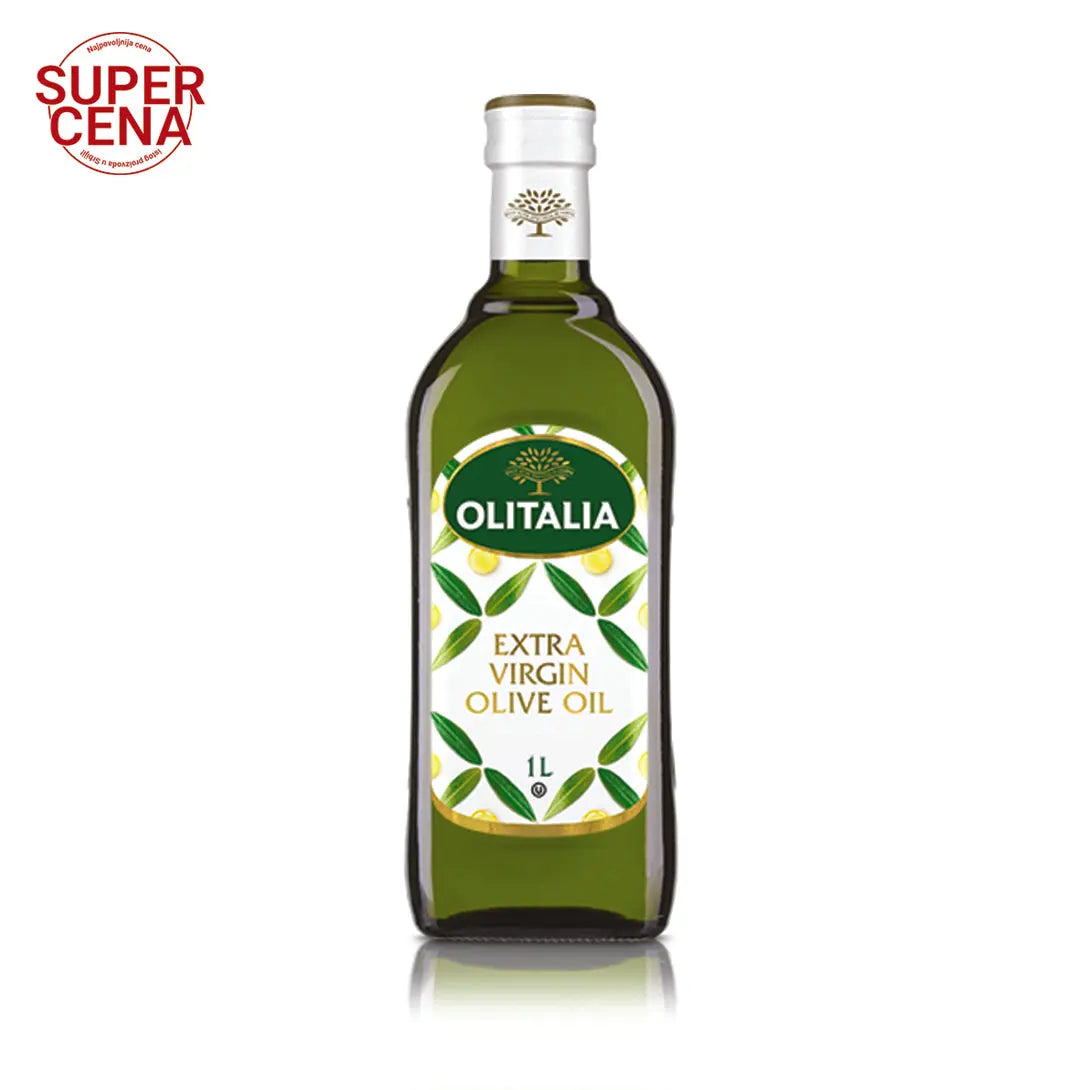 A bottle of Olitalia Extra Vergine Olive Oil with a label showing the brand name and 'SUPER CENA' text, indicating a sale or promotion.