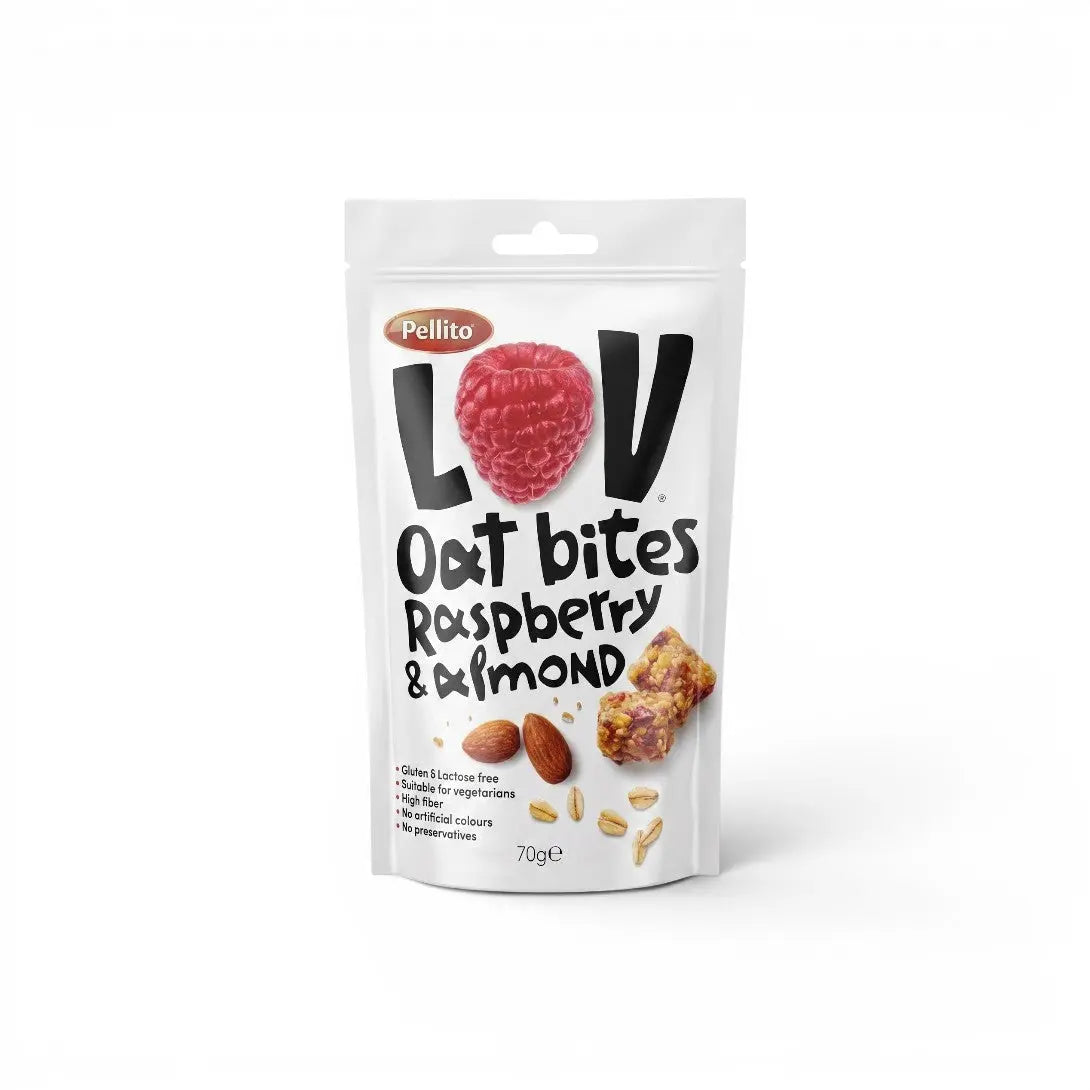 Delikatesi i tako to... Pellito raspberry and almond oat bites in a 70g snack pouch, gluten and lactose free.