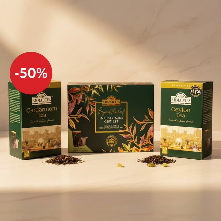 Ahmad Tea premium bundle sa -50% nalepnicom gore levo