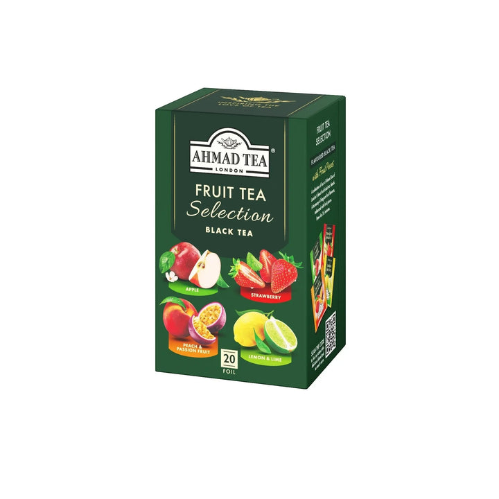 Delikatesi i tako to... Ahmad Tea Fruit Tea Selection box featuring apple, strawberry, peach, passion fruit, lemon, and lime.