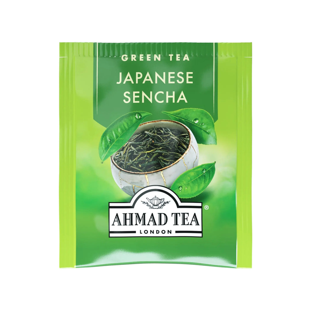 Delikatesi i tako to... Ahmad Tea Japanese Sencha green tea bag with fresh tea leaves illustration