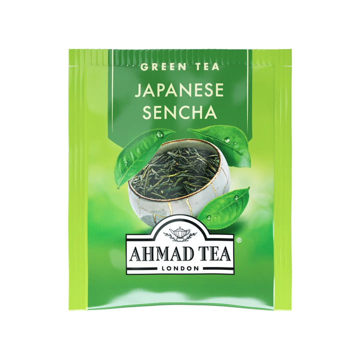 Delikatesi i tako to... Ahmad Tea Japanese Sencha green tea bag with fresh tea leaves illustration