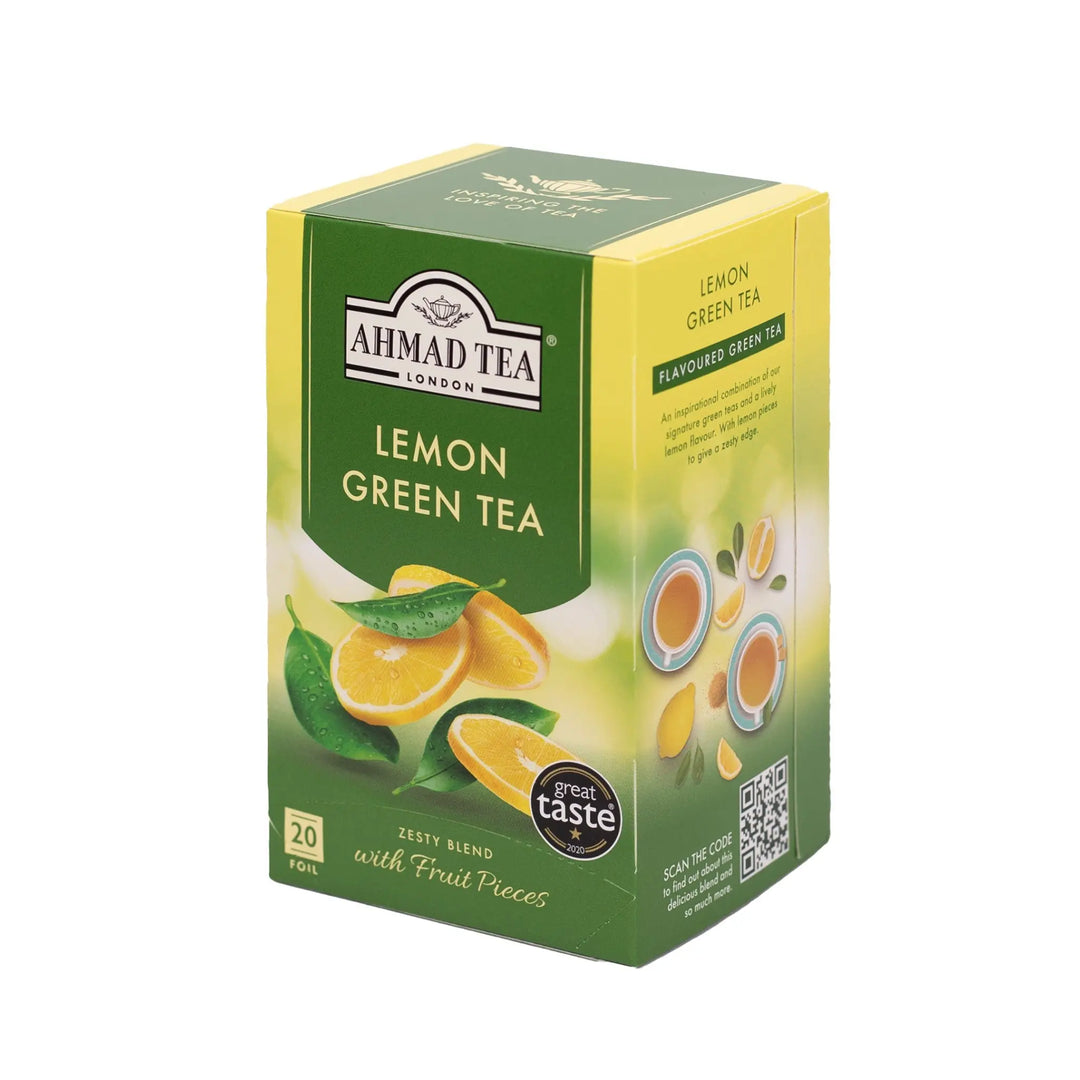 Delikatesi i tako to... Ahmad Tea Lemon Green tea box with 20 foil bags featuring citrus lemon imagery