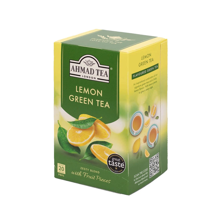 Delikatesi i tako to... Ahmad Tea Lemon Green tea box with 20 foil bags featuring citrus lemon imagery