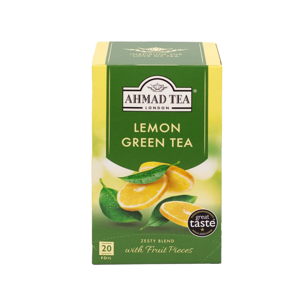 Delikatesi i tako to... Ahmad Tea Lemon Green tea box with 20 foil-wrapped bags and citrus fruit imagery.