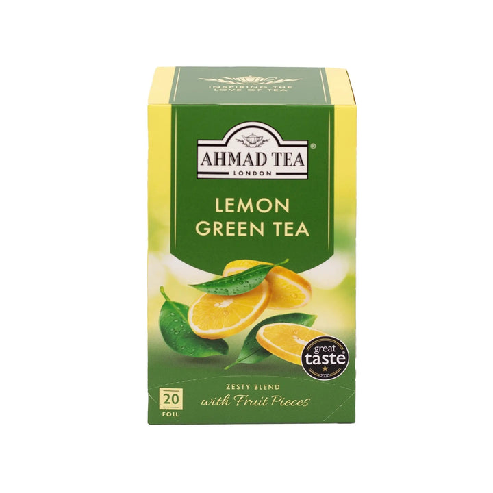 Delikatesi i tako to... Ahmad Tea Lemon Green tea box with 20 foil-wrapped bags and citrus fruit imagery.