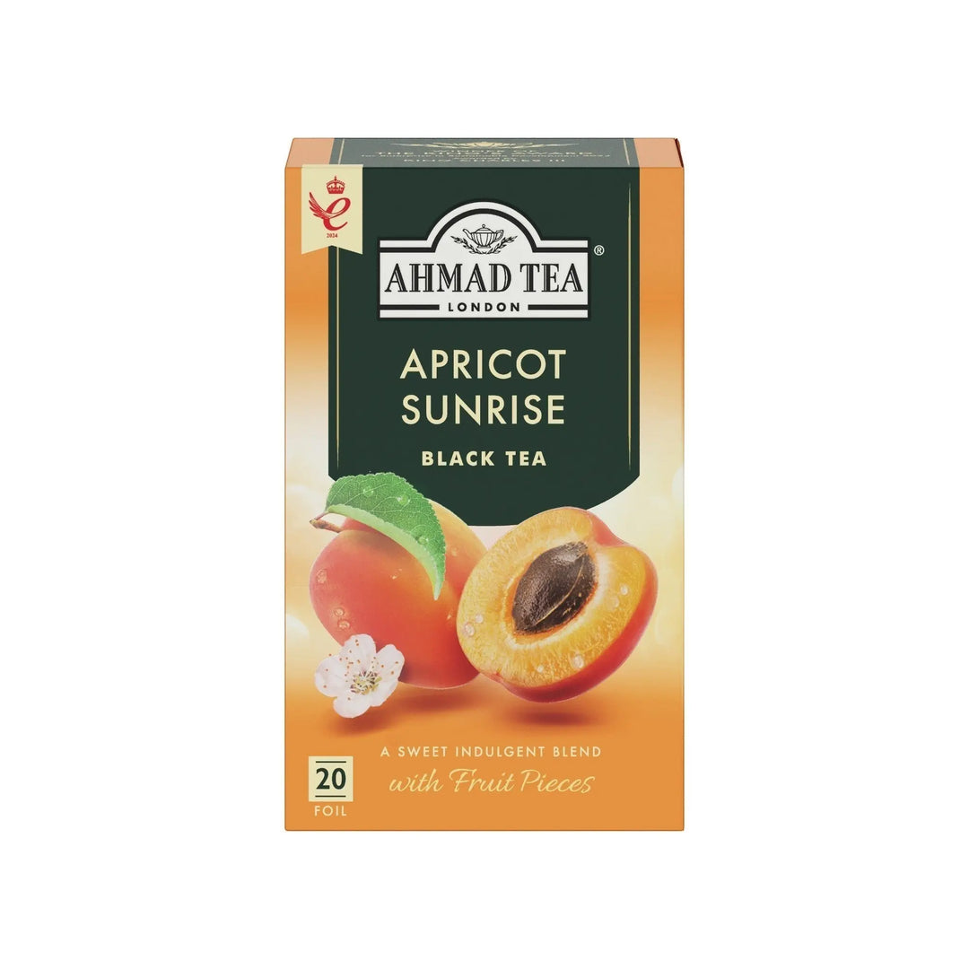 Delikatesi i tako to... Ahmad Tea Apricot Sunrise black tea box with 20 foil-wrapped bags and apricot illustration