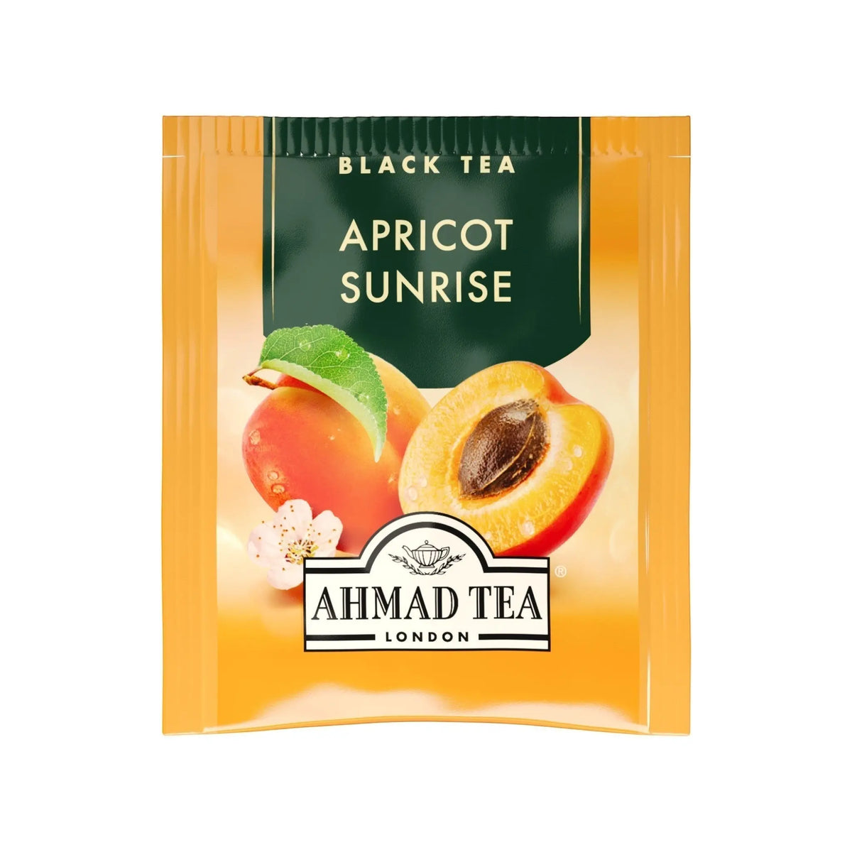 Delikatesi i tako to... Ahmad Tea Apricot Sunrise black tea bag with vibrant apricot fruit illustration