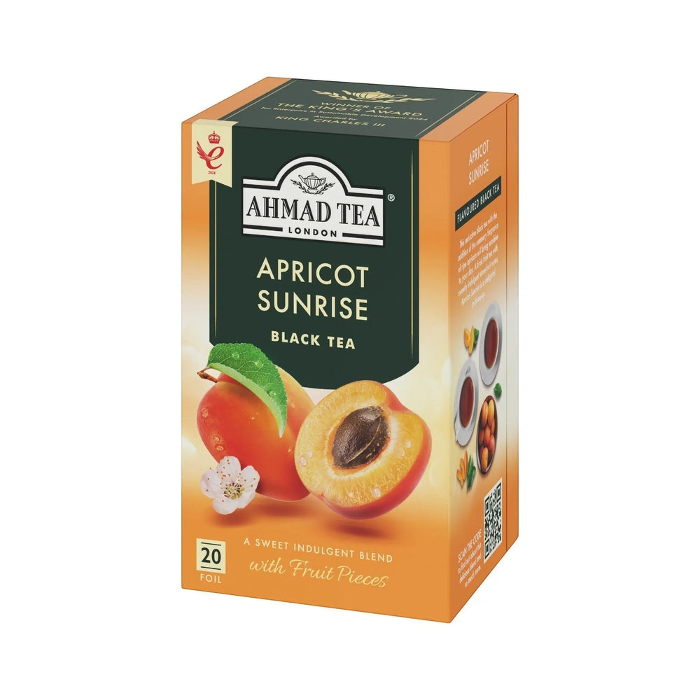 Delikatesi i tako to... Ahmad Tea Apricot Sunrise black tea box with 20 foil-wrapped bags and apricot illustration.