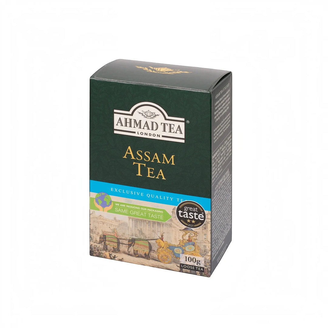 Delikatesi i tako to... Ahmad Tea Assam loose leaf black tea in a 100g box with traditional Indian illustration.