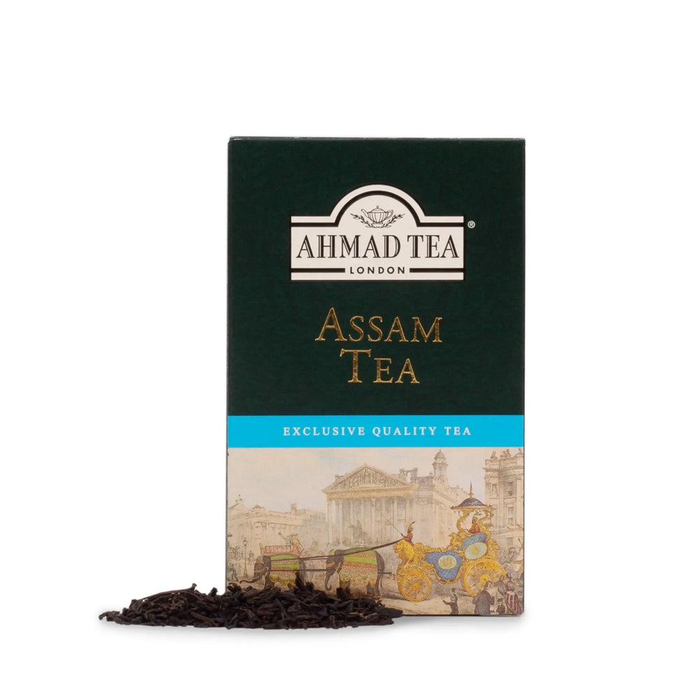 Delikatesi i tako to... Ahmad Tea Assam loose leaf black tea in a green box with a classic illustration.