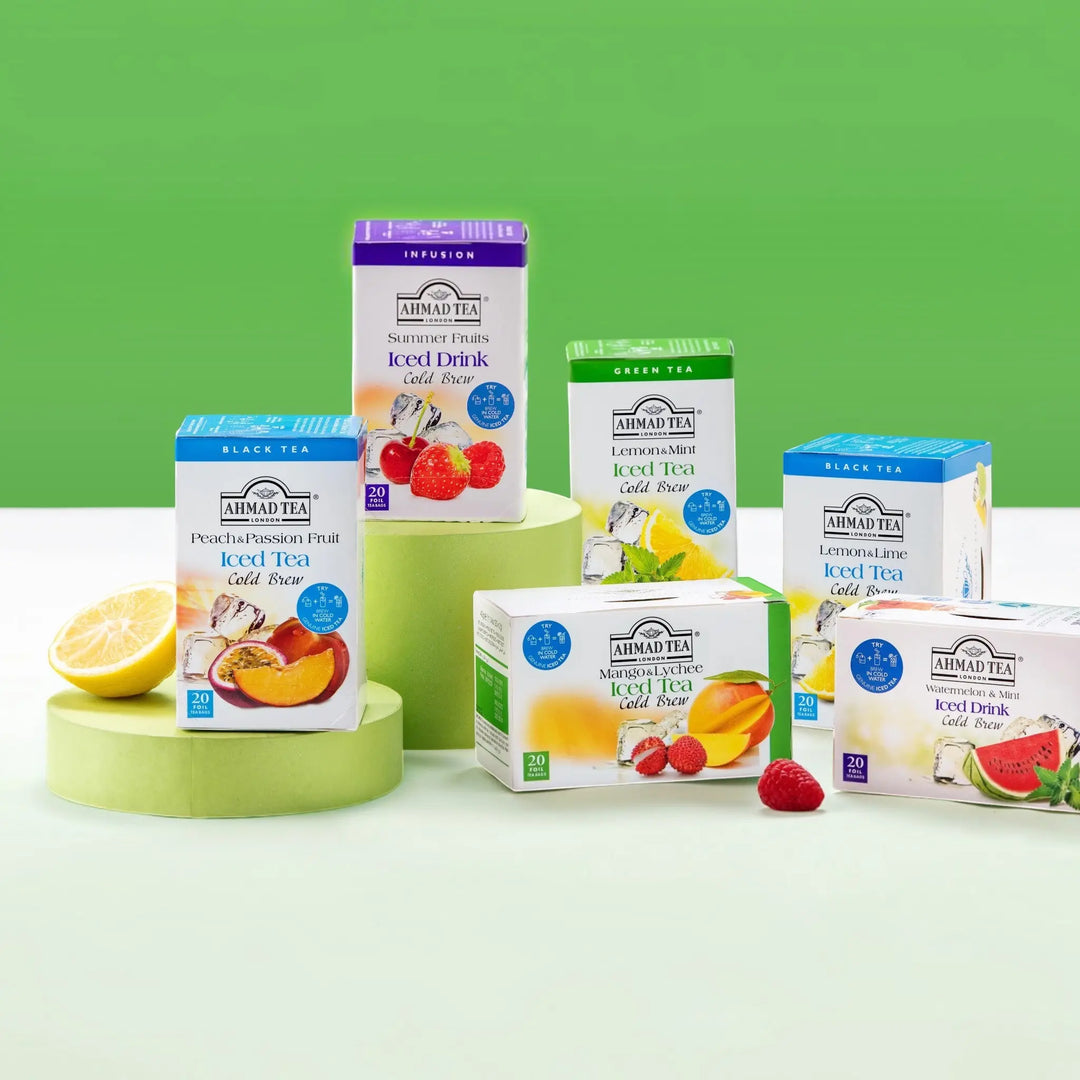 Delikatesi i tako to... collection of Ahmad Tea cold brew iced tea boxes featuring various fruit flavors
