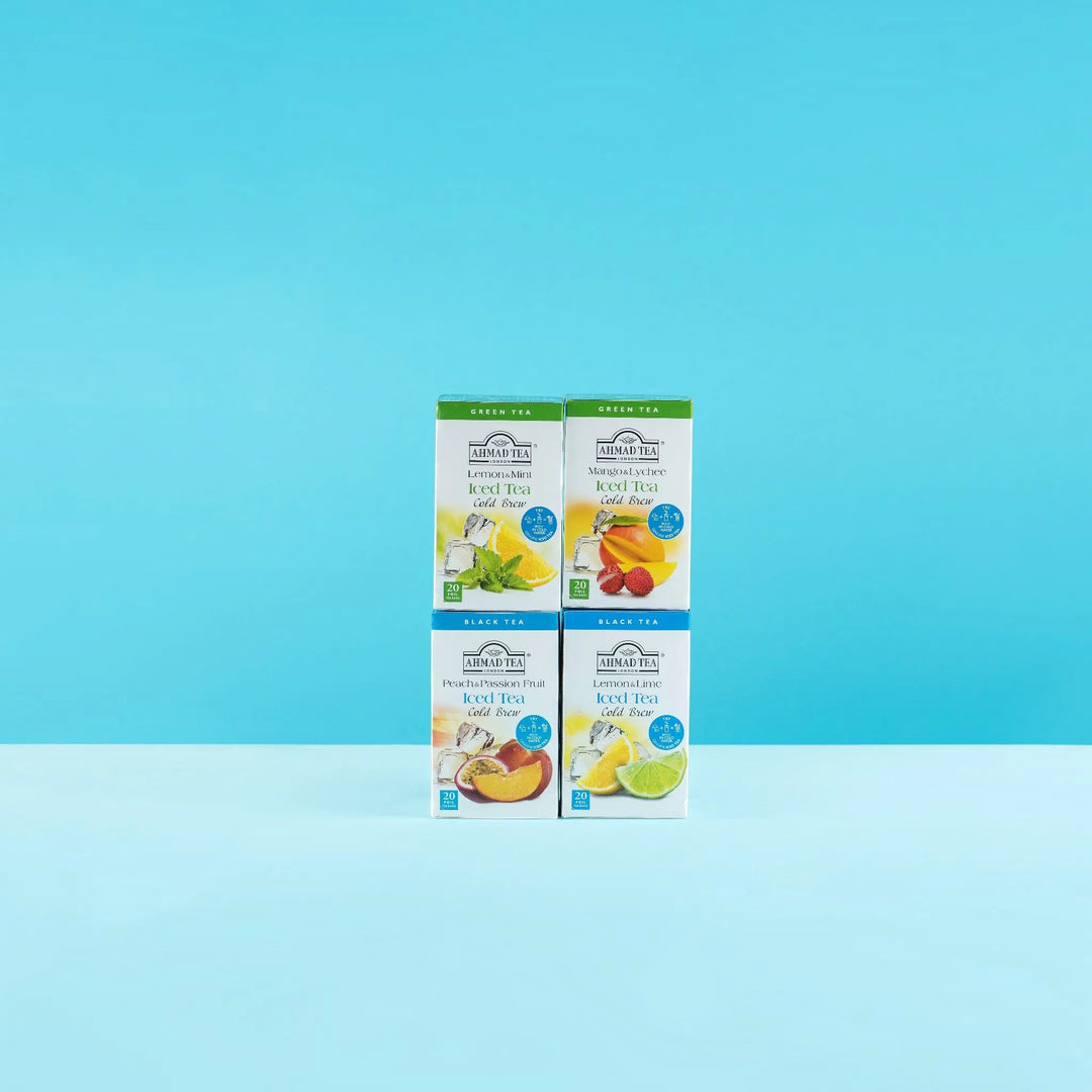 Delikatesi i tako to... Ahmad Tea cold brew iced tea selection boxes featuring peach, passion fruit, and citrus flavors