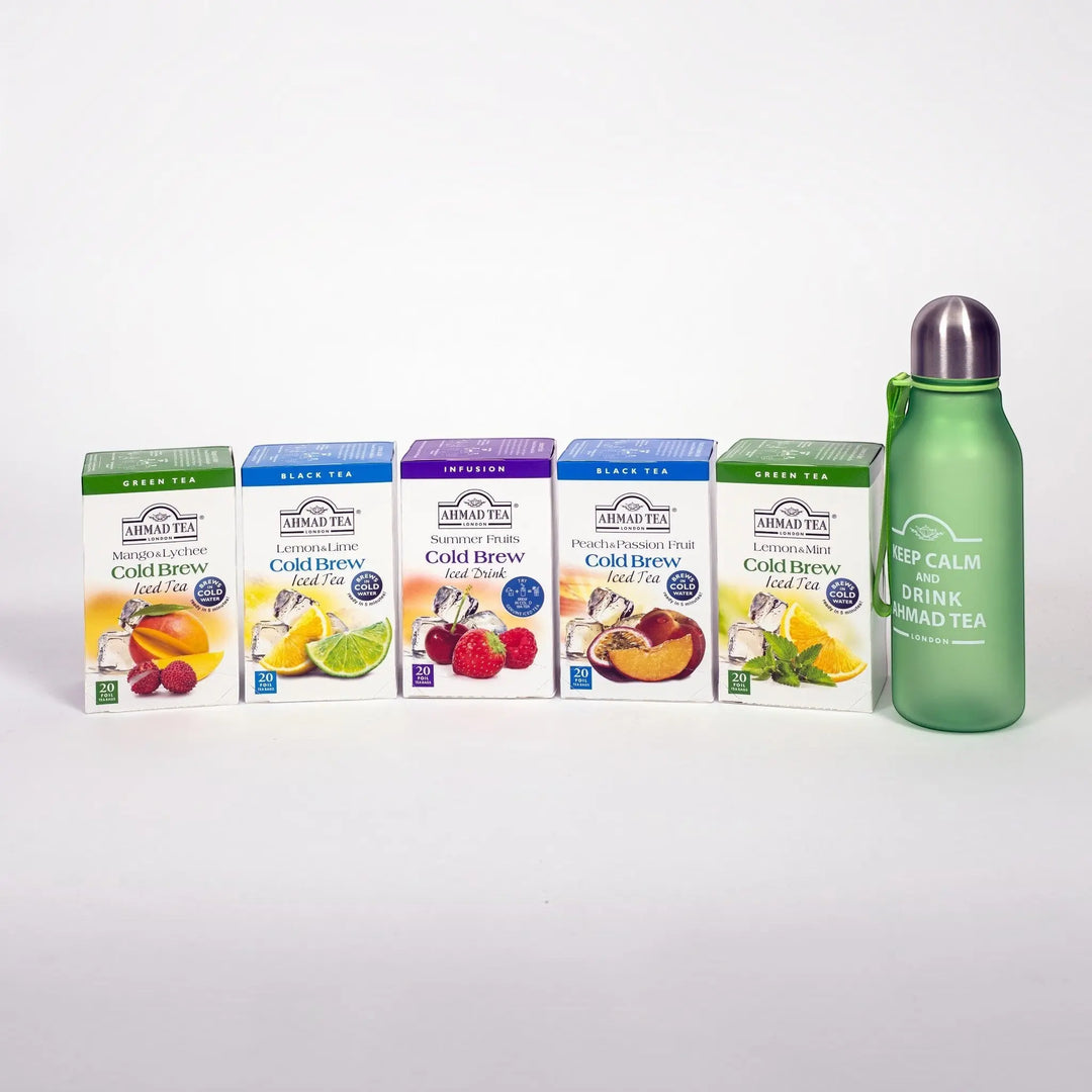 Delikatesi i tako to... Ahmad Tea cold brew iced tea boxes with assorted fruit flavors and a green water bottle
