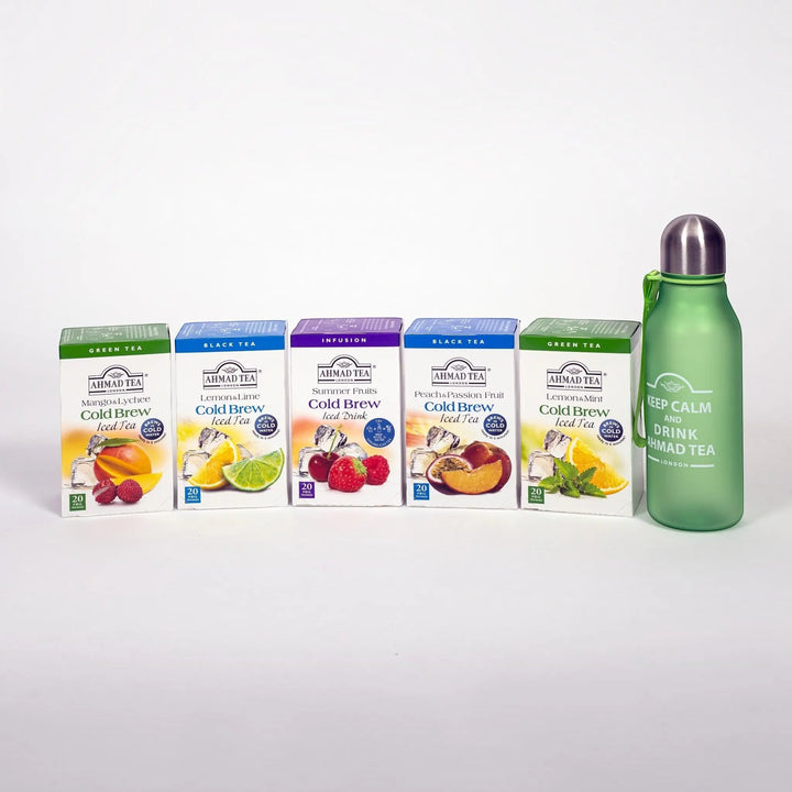 Delikatesi i tako to... Ahmad Tea cold brew iced tea boxes with assorted fruit flavors and a green water bottle