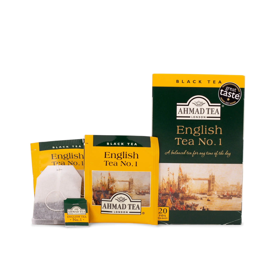 Ahmad Tea English Tea No.1 black tea box and tea bags from Delikatesi i tako to... featuring a London bridge scene.