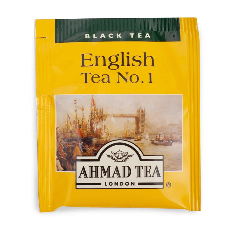 Delikatesi i tako to... Ahmad Tea English Tea No.1 black tea bag in yellow foil packaging with London bridge art