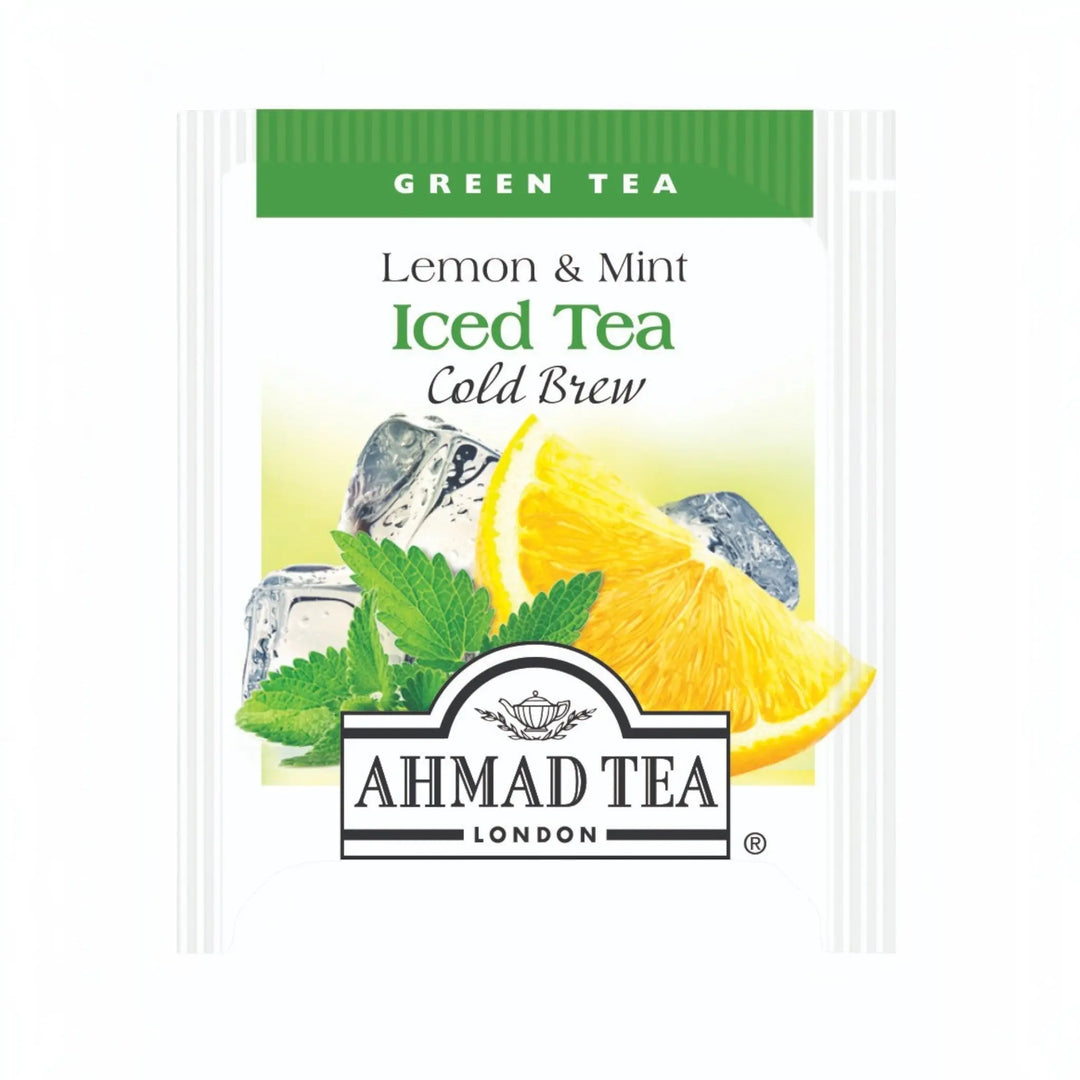 Delikatesi i tako to... Ahmad Tea Lemon & Mint cold brew green tea bag with lemon slice and mint leaves illustration