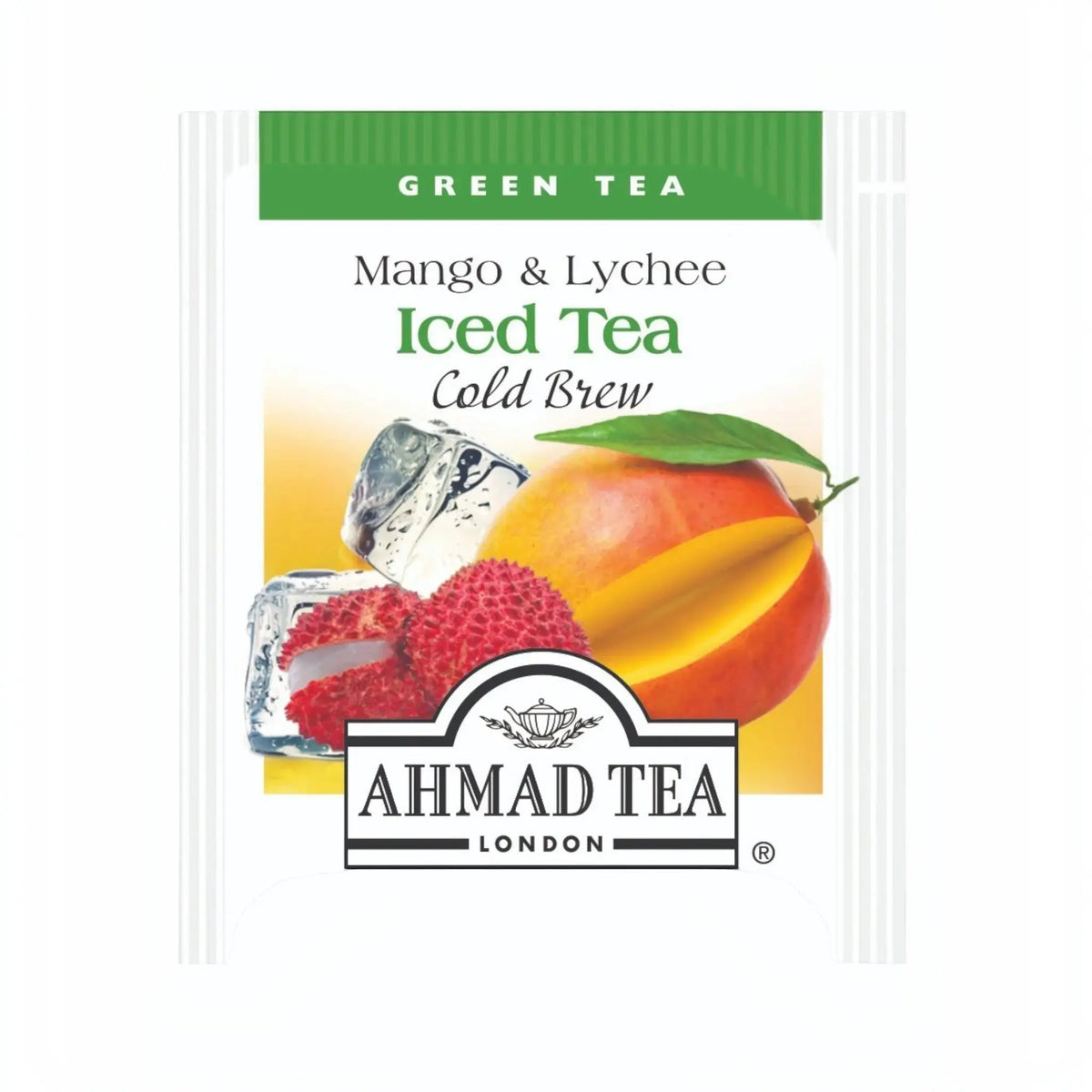 Delikatesi i tako to... Ahmad Tea Mango and Lychee cold brew green tea bag with tropical fruit and ice graphics