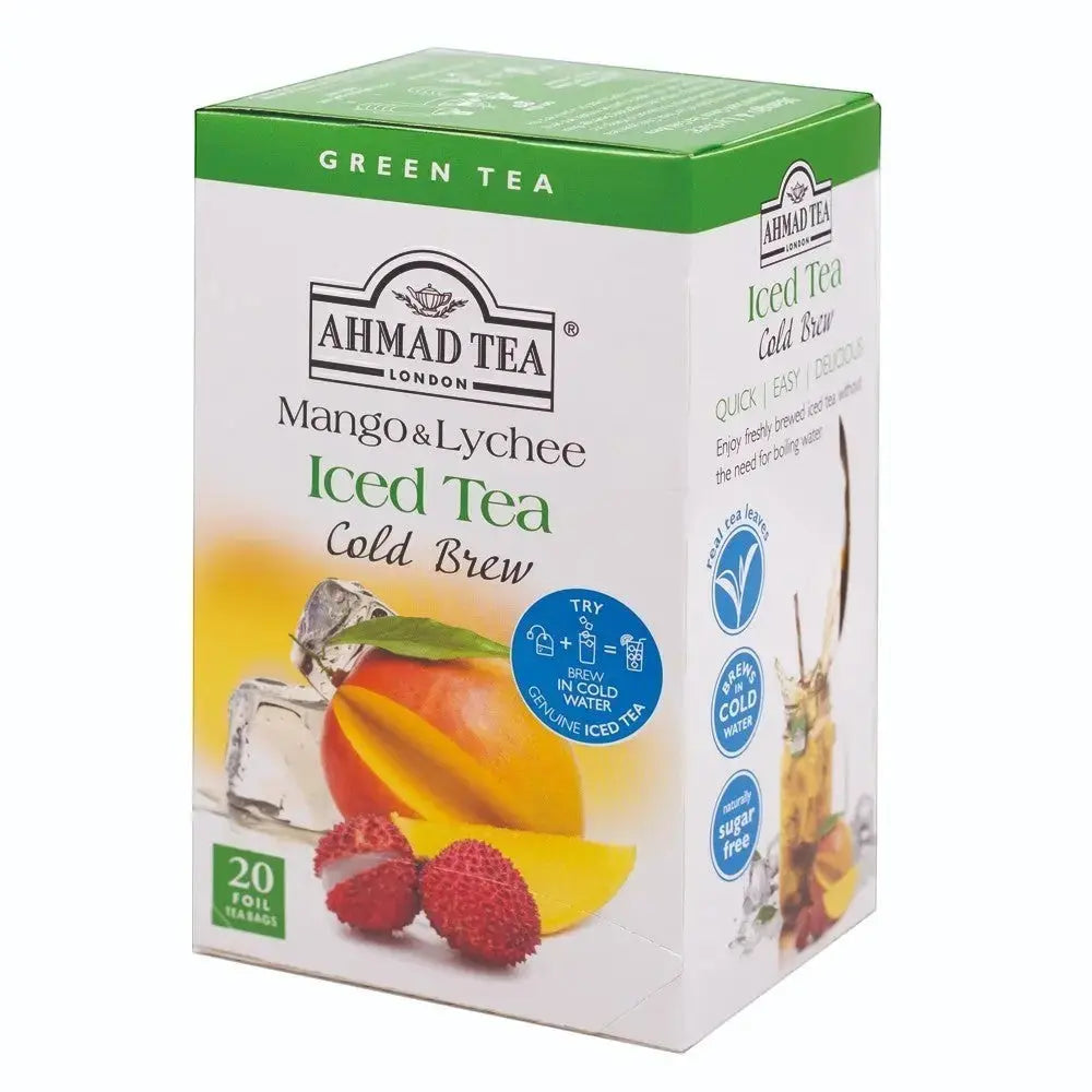 Delikatesi i tako to... Ahmad Tea Mango & Lychee Cold Brew green tea box with 20 foil tea bags for iced drinks.