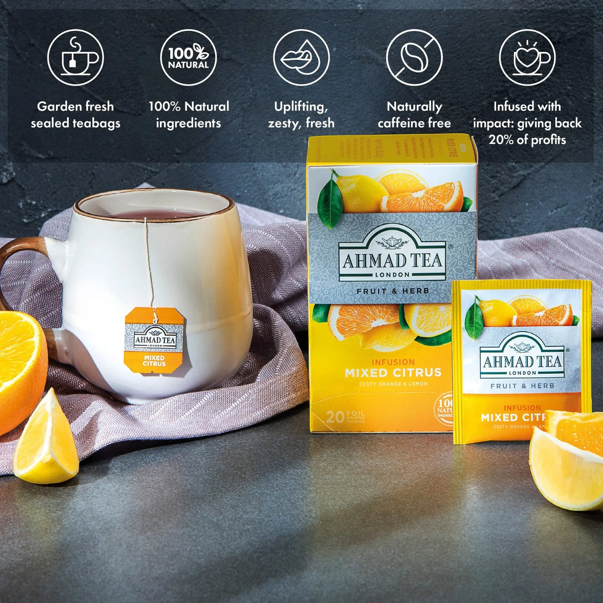 Delikatesi i tako to... Ahmad Tea Orange & Lemon fruit infusion tea box with 20 tea bags and fresh citrus slices