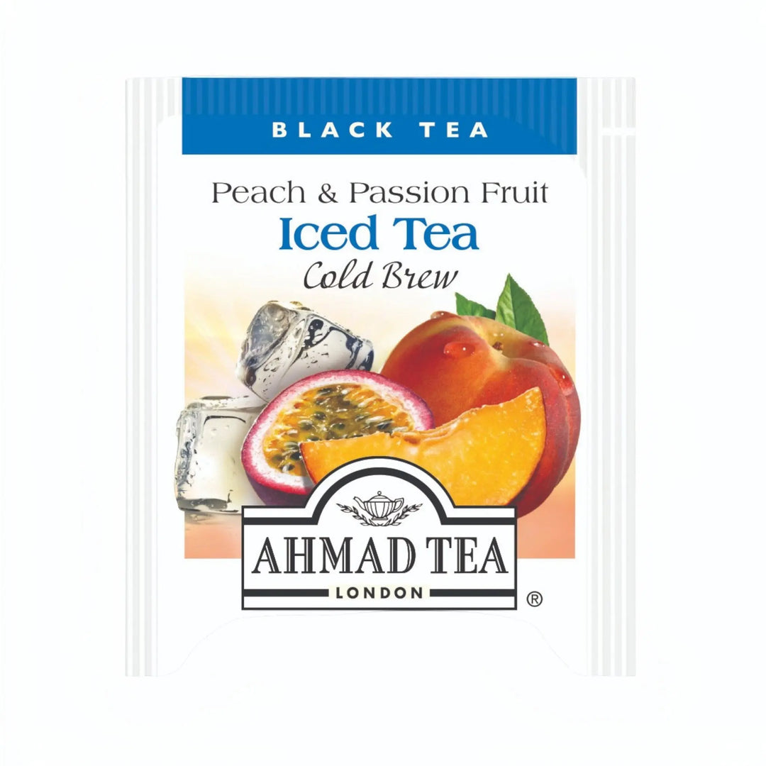 Delikatesi i tako to... Ahmad Tea Peach and Passion Fruit cold brew black tea bag sachet with fruit illustrations