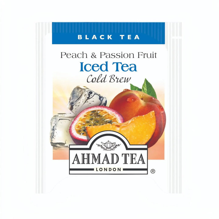 Delikatesi i tako to... Ahmad Tea Peach and Passion Fruit cold brew black tea bag sachet with fruit illustrations