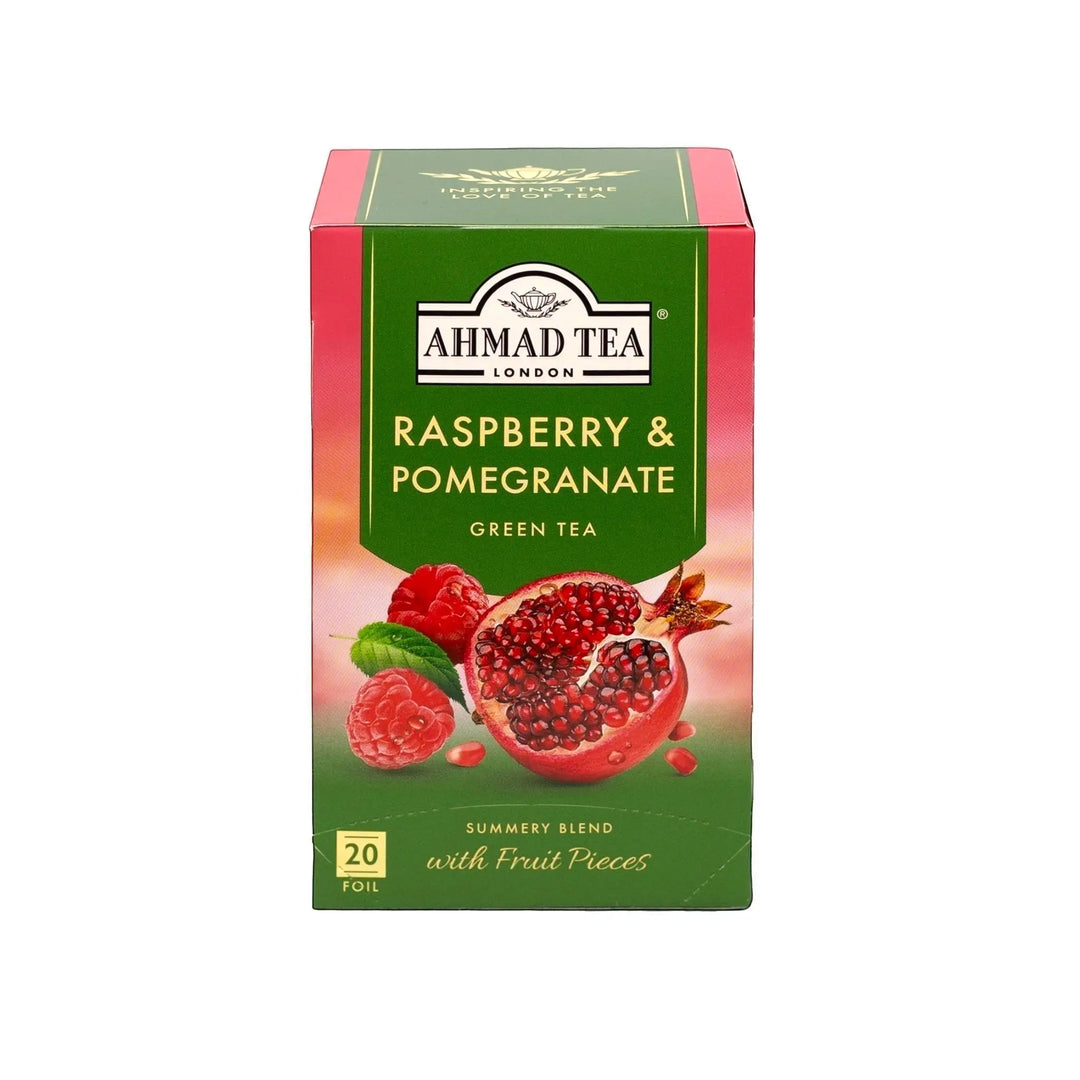 Delikatesi i tako to... Ahmad Tea Raspberry and Pomegranate green tea box with 20 foil-wrapped tea bags