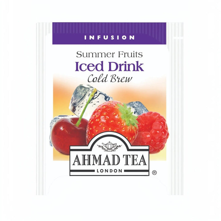 Delikatesi i tako to... Ahmad Tea Summer Fruits cold brew tea bag featuring strawberry, raspberry, and cherry imagery.
