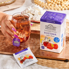 Delikatesi i tako to... Ahmad Tea Summer Fruits cold brew iced tea box and tea bag with a glass of iced fruit tea.