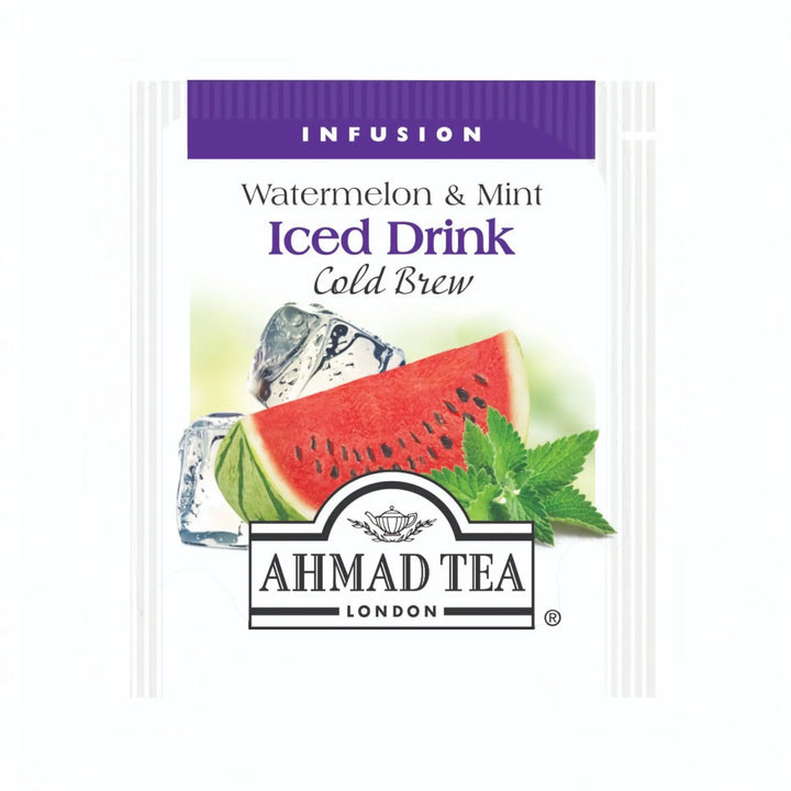 Delikatesi i tako to... Ahmad Tea Watermelon & Mint cold brew iced tea infusion bag with fruit and mint imagery.