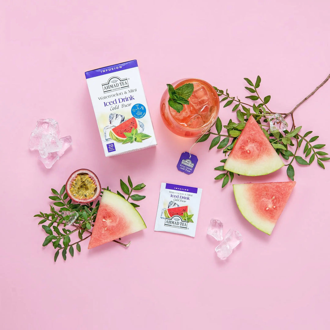 Delikatesi i tako to... Ahmad Tea watermelon and mint cold brew tea box, tea bag, and refreshing iced drink.