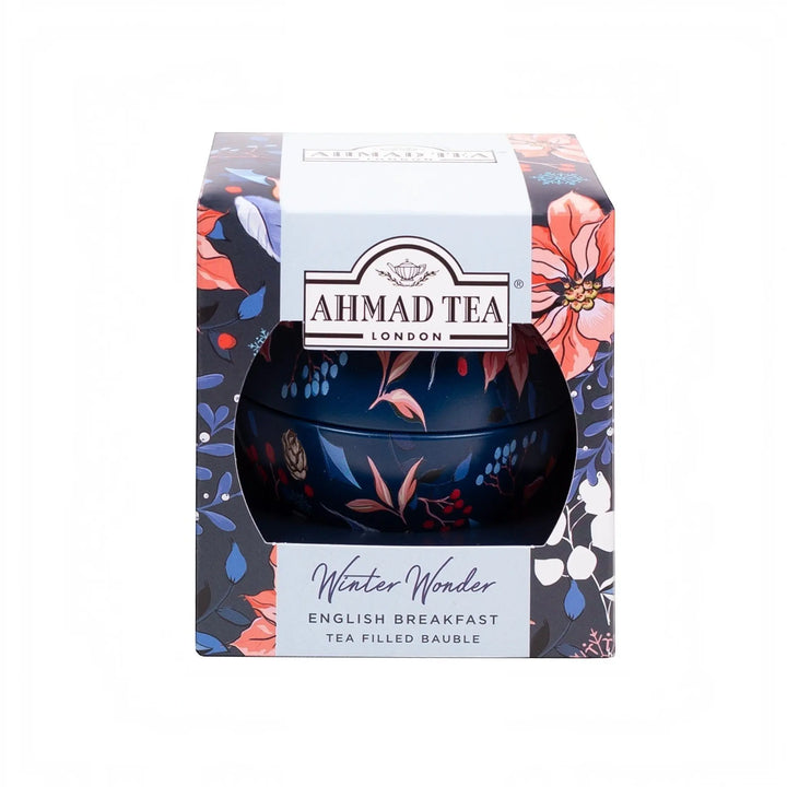 Delikatesi i tako to... Ahmad Tea Winter Wonder English Breakfast tea in a decorative dark blue floral bauble tin