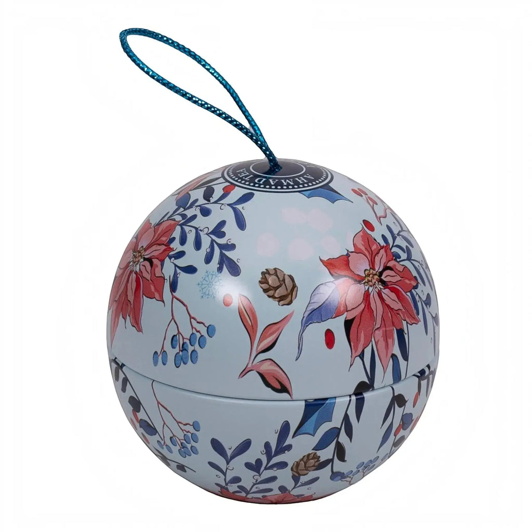 Delikatesi i tako to... Ahmad Tea Winter Wonder Earl Grey tea in a decorative light blue metal Christmas bauble tin