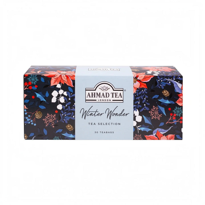Delikatesi i tako to... Ahmad Tea Winter Wonder selection box featuring 30 tea bags in three festive holiday flavors.