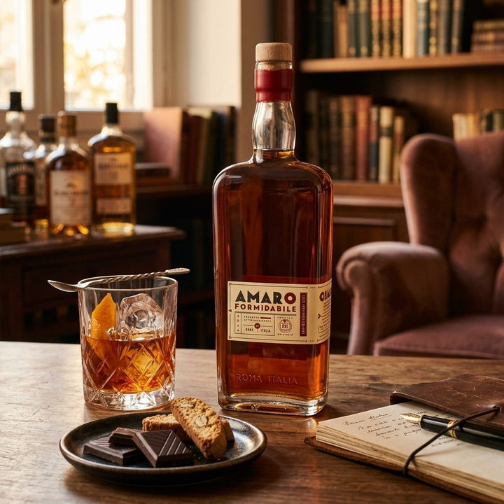 Delikatesi i tako to... Pallini Amaro Formidabile bottle with a glass of amaro, biscotti, and chocolate on a desk.