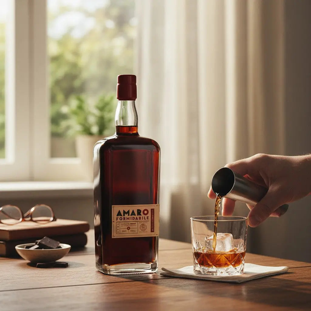 Delikatesi i tako to... Pallini Amaro Formidabile liqueur bottle being poured into a glass with ice on a wooden table