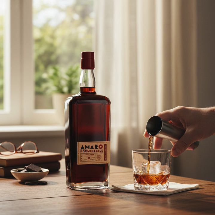 Delikatesi i tako to... Pallini Amaro Formidabile liqueur bottle being poured into a glass with ice on a wooden table
