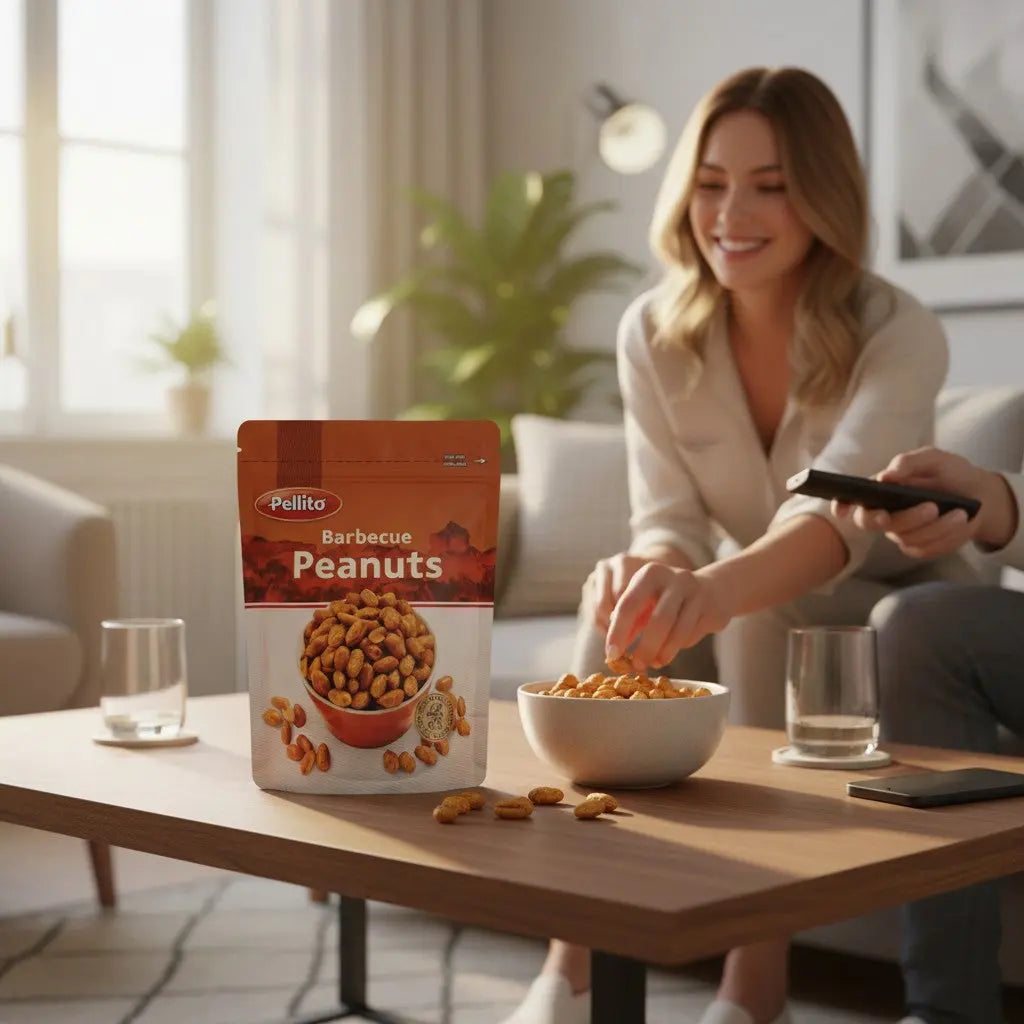 Delikatesi i tako to... Pellito barbecue flavored salted peanuts in a 150g bag on a table with a woman snacking.