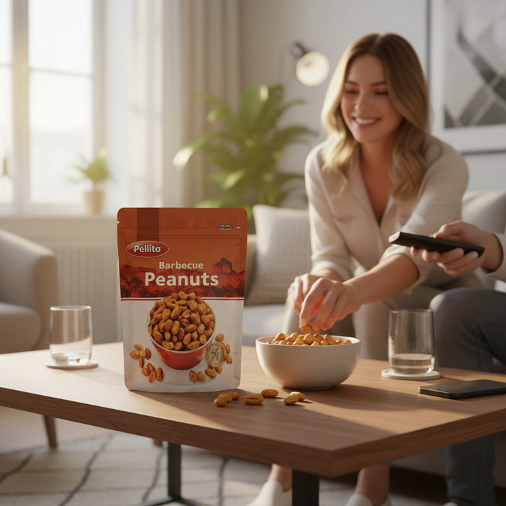 Delikatesi i tako to... Pellito barbecue flavored salted peanuts in a 150g bag on a table with a woman snacking.