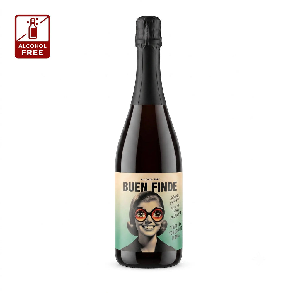 Delikatesi i tako to... Buen Finde alcohol-free sparkling wine bottle with retro illustration on label