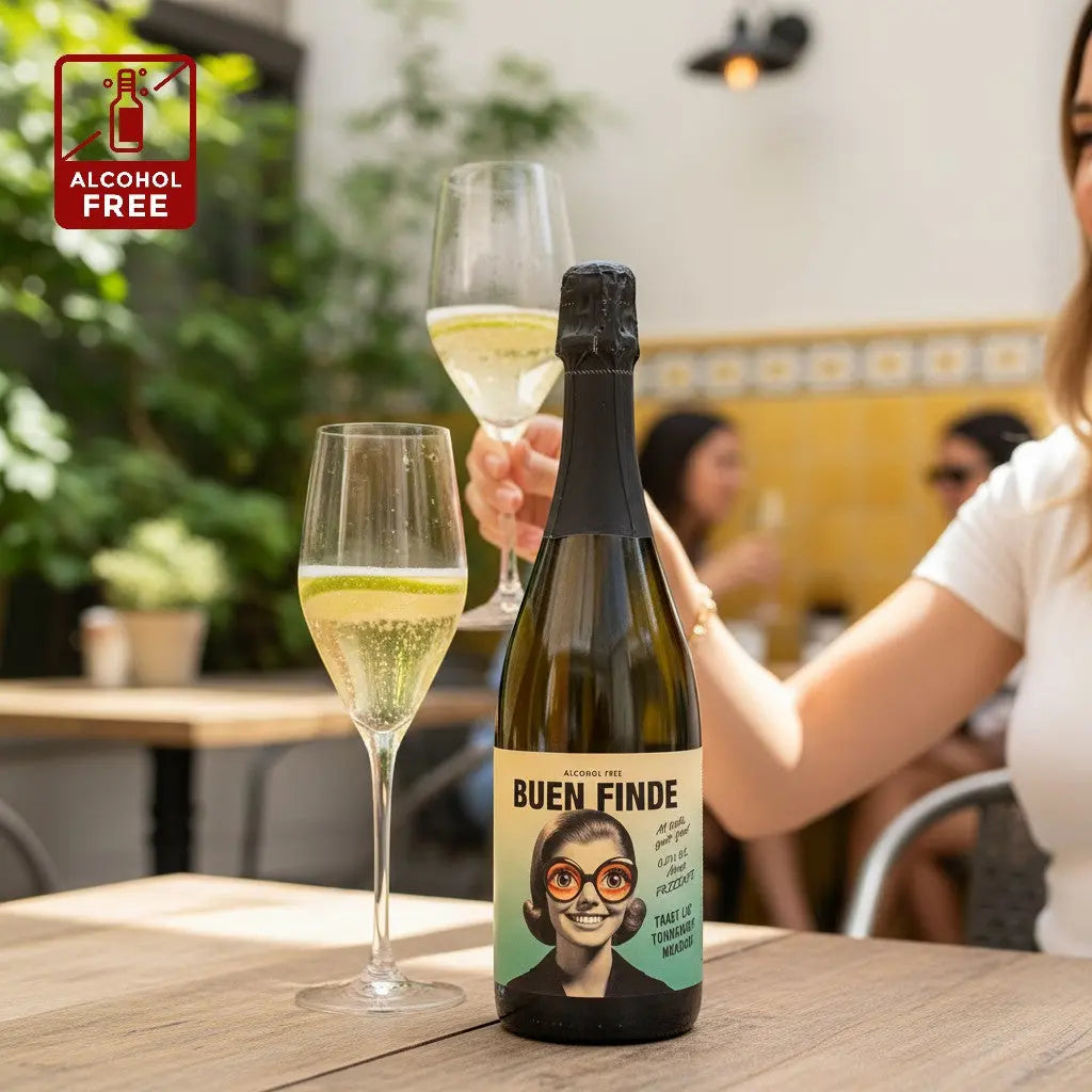 Delikatesi i tako to... Buen Finde alcohol-free sparkling wine bottle with a retro illustration label on a cafe table