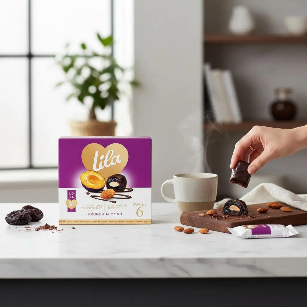 Delikatesi i tako to... Lila chocolate covered dried plums stuffed with almonds, served with coffee on a wooden board.