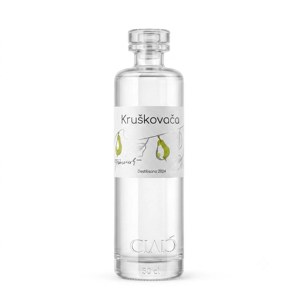 Delikatesi i tako to... Cilić pear brandy in a clear glass bottle with a minimalist white label