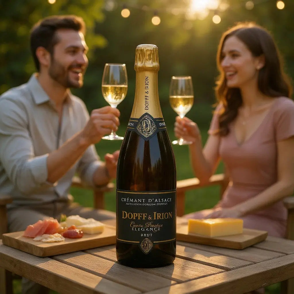 Delikatesi i tako to... Dopff & Irion Cremant d'Alsace Prestige Elegance Brut bottle on a table with a couple